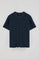 Navy-blue V-neck T-shirt in linen and cotton with embroidered monogram