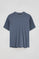 Denim-blue round-neck T-shirt in linen and cotton with embroidered monogram