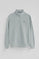 Blueish-grey half-zip sweatshirt with Rigby Go logo