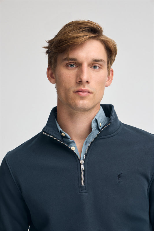 Man - Sweatshirt - Navy-blue half-zip sweatshirt with washed effect and Rigby Go logo