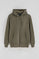 Army-green zip-up hoodie with Rigby Go logo
