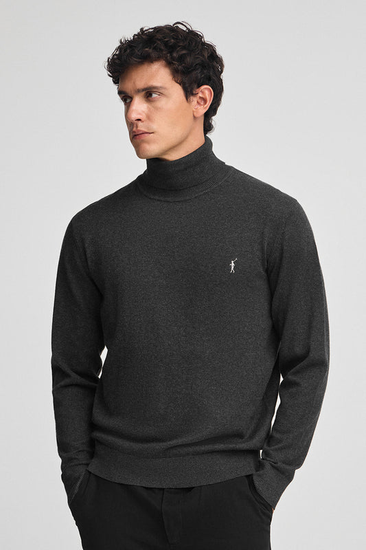 Man - Pullover - Dark-grey-marl turtleneck wool-blend jumper with Rigby Go embroidery