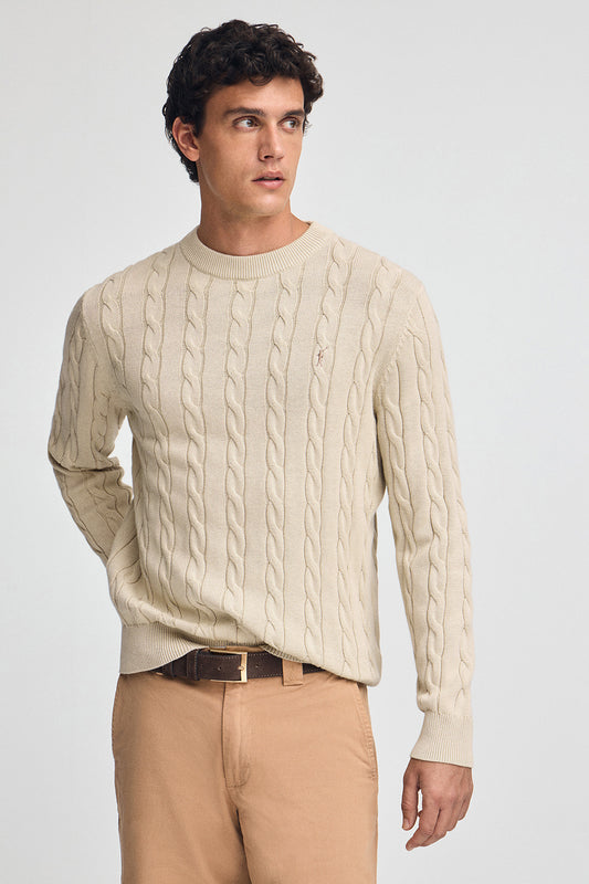 Man - Pullover - Beige cable-knit wool-blend jumper with Rigby Go embroidery