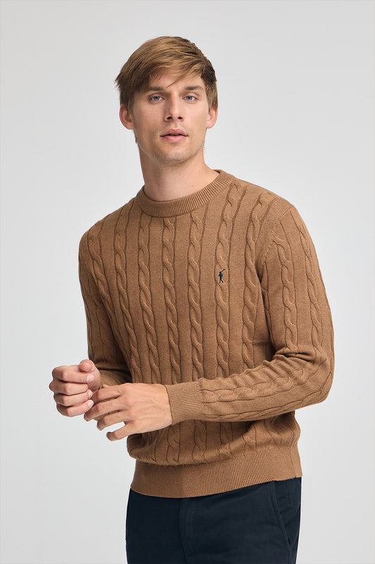Brown-marl cable-knit wool-blend jumper with Rigby Go embroidery