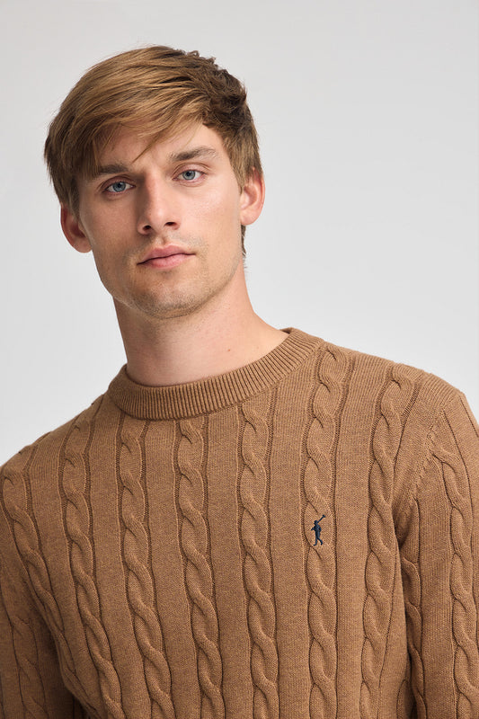 Brown-marl cable-knit wool-blend jumper with Rigby Go embroidery