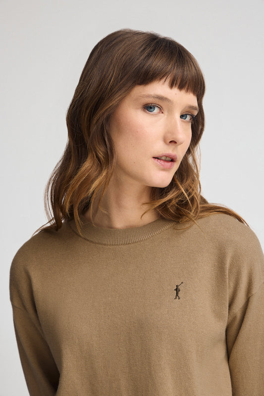 Light-brown round-neck wool-blend jumper with Rigby Go embroidery