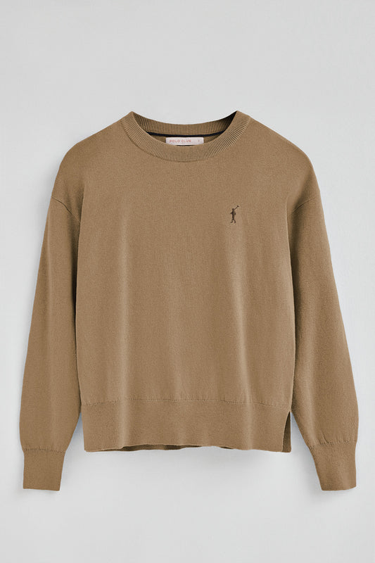 Light-brown round-neck wool-blend jumper with Rigby Go embroidery