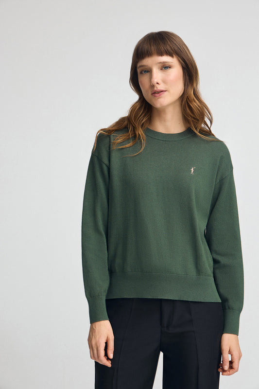 Mud-green round-neck wool-blend jumper with Rigby Go embroidery