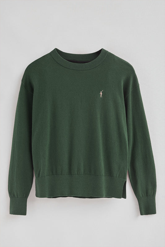 Mud-green round-neck wool-blend jumper with Rigby Go embroidery