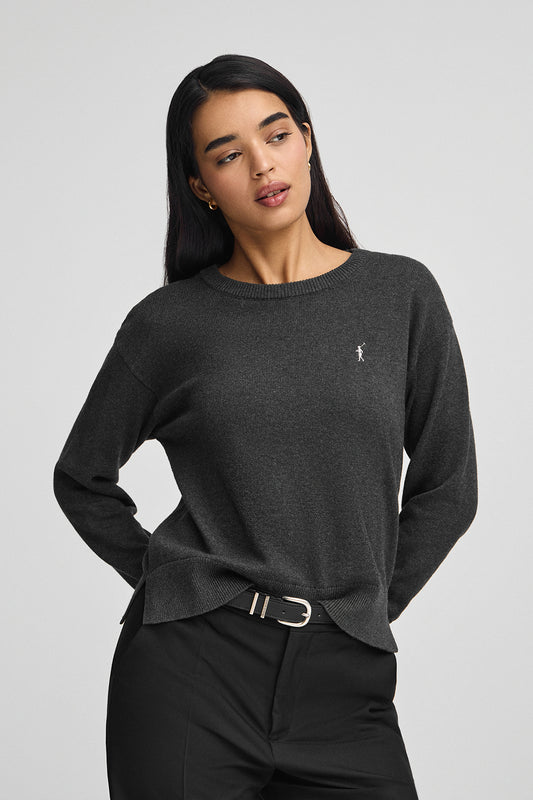 Woman - Pullover - Dark-grey-marl round-neck wool-blend jumper with Rigby Go embroidery