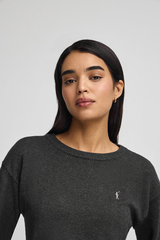 Woman - Pullover - Dark-grey-marl round-neck wool-blend jumper with Rigby Go embroidery