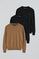 Men’s 3-pack cotton jumpers in black, navy and camel marl with round neck and Rigby Go embroidery