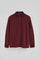 Maroon long-sleeve polo shirt with Rigby Go embroidered logo