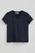 Navy-blue short-sleeve V-neck T-shirt with Rigby Go logo