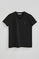 Black V-neck T-shirt with Rigby Go Gold logo