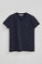 Navy-blue V-neck T-shirt with Rigby Go Gold logo
