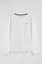 White long-sleeve T-shirt with round neck and Rigby Go embroidered logo