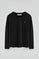 Black long-sleeve T-shirt with round neck and Rigby Go Gold logo