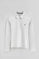 White long-sleeve polo shirt with five-button collar and Rigby Go embroidery