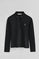 Black long-sleeve polo shirt with five-button collar and Rigby Go embroidery