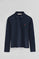 Dark-blue long-sleeve polo shirt with five-button collar and Rigby Go embroidery