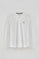 White long-sleeve polo shirt with three-button collar and Rigby Go embroidery