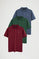 Men’s 3-pack polo shirts in denim blue, bottle green and maroon with short sleeves and Rigby Go embroidery