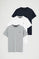 Men’s 3-pack T-shirts in navy blue, white and grey marl with short sleeves and Rigby Go embroidery