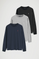 Men’s 3-pack T-shirts in navy blue, black and grey marl with long sleeves and Rigby Go embroidery