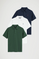 Men’s 3-pack polo shirts in navy blue, white and bottle green with regular fit and Rigby Go embroidery