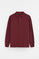 Maroon long-sleeve polo shirt with Rigby Go embroidery