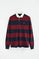 Maroon striped polo shirt with shirt collar and Rigby Go embroidery