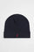 Navy-blue wool-blend knit beanie with Rigby Go logo