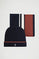 Navy-blue striped hat and scarf set with Rigby Go logo